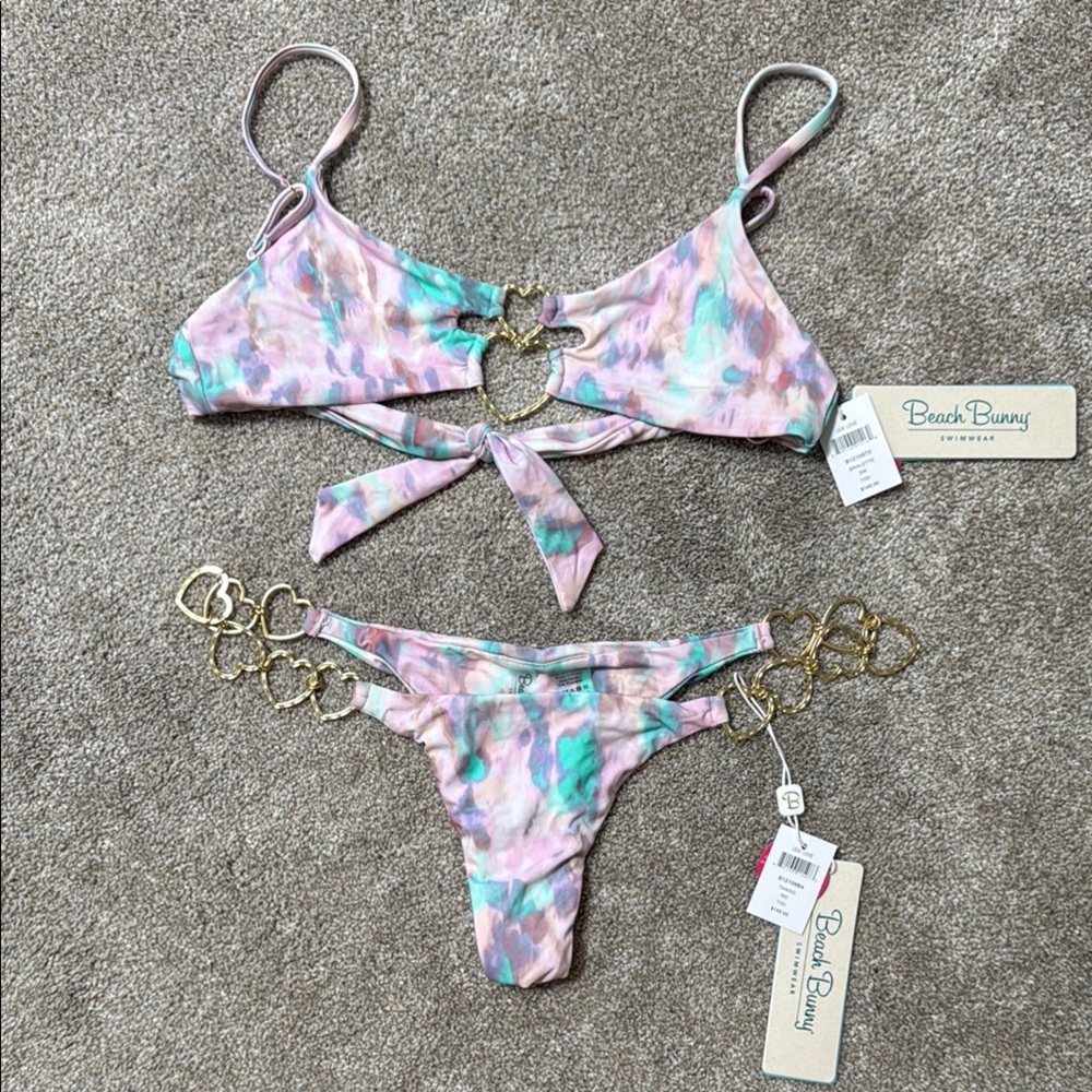 Beach Bunny Multicolor Pastel Gold Heart Chain Bikini Set